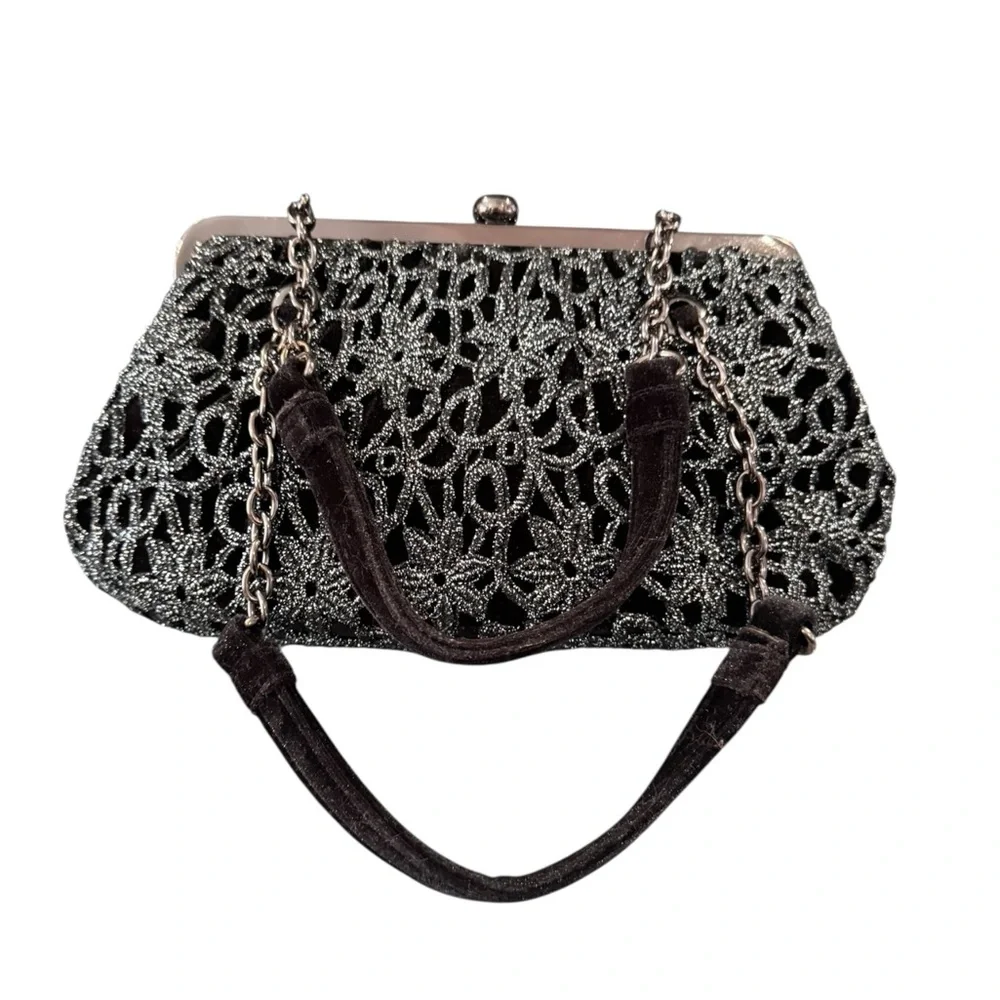 ADRIANNA PAPELL Black Velvet Lace Evening Bag